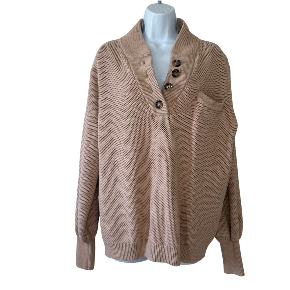 Lunya Women’s Oat Marl Cottonsilk Pocket Henley V-Neck Sweater- Size Large/XL